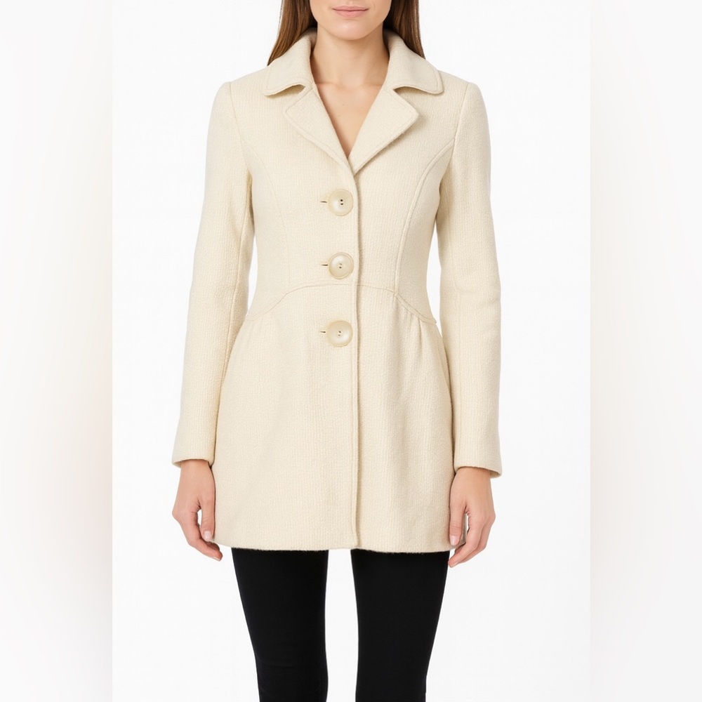 Maria B Ivory Wool Blend Coat XS – Button Front, Fully Lined